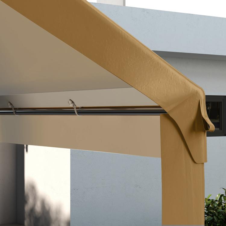Beige carport canopy cover corner with hanging fabric flap detail