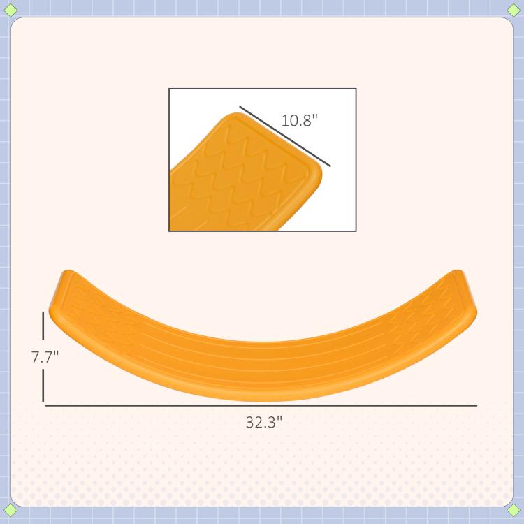 Orange balance board shown with size measurements and curved rocker shape