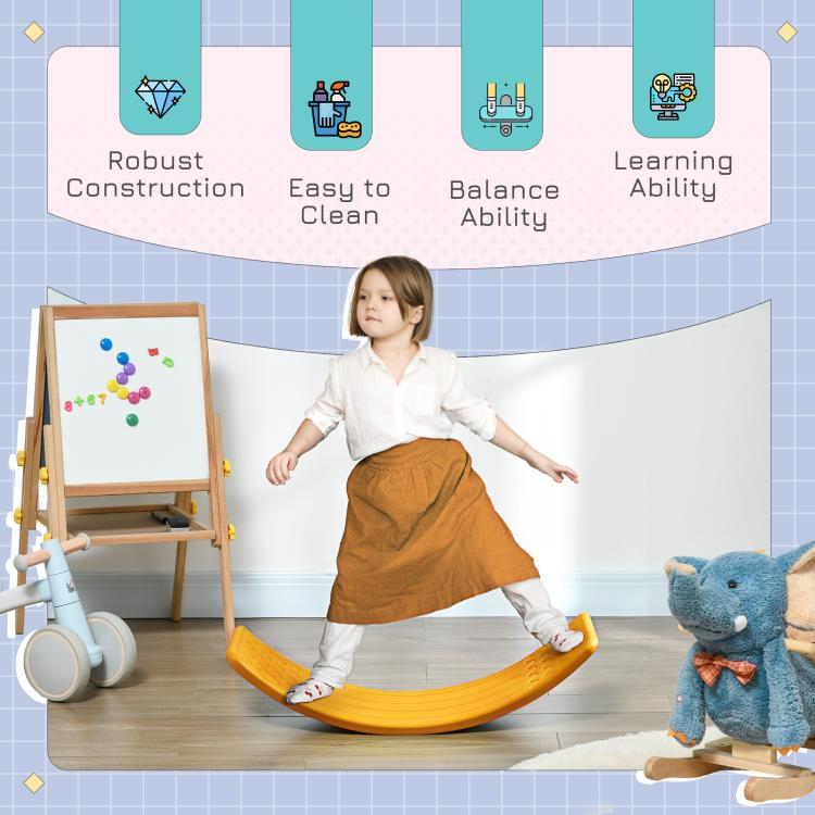 Orange balance board with benefit icons and child using the curved rocker board