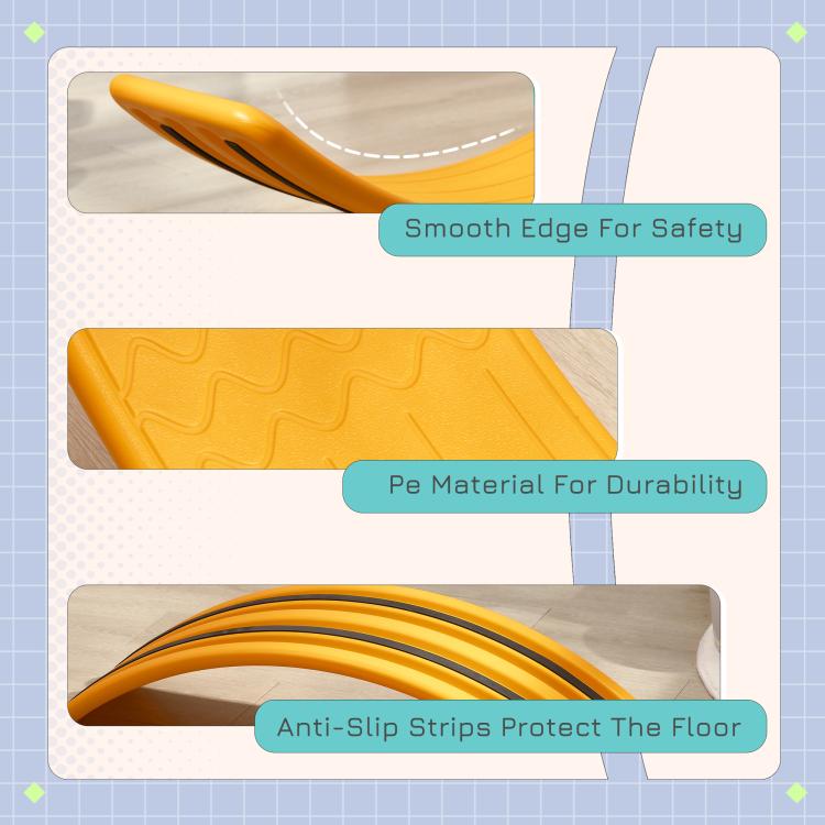 Orange balance board close-up features with safety and durability callouts on packaging