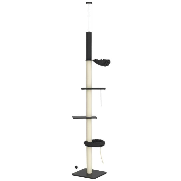 Floor-to-ceiling cat climbing tower with stacked carpet platforms and hanging hammock