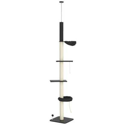 Floor-to-ceiling cat climbing tower with stacked carpet platforms and hanging hammock