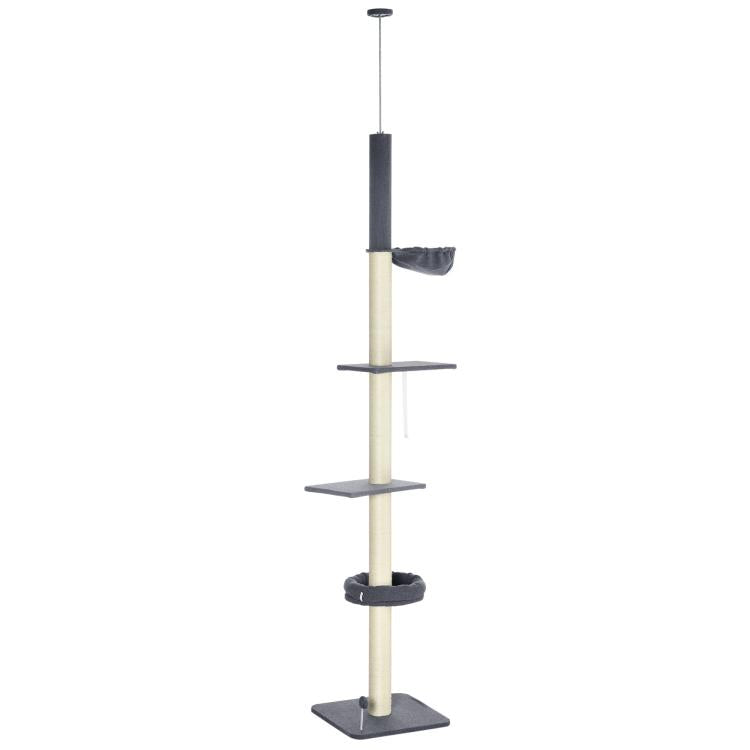 Adjustable floor-to-ceiling cat tower with multiple carpeted levels and hanging perches