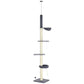 Adjustable cat tree with multiple carpet platforms, beige posts, and hanging toy