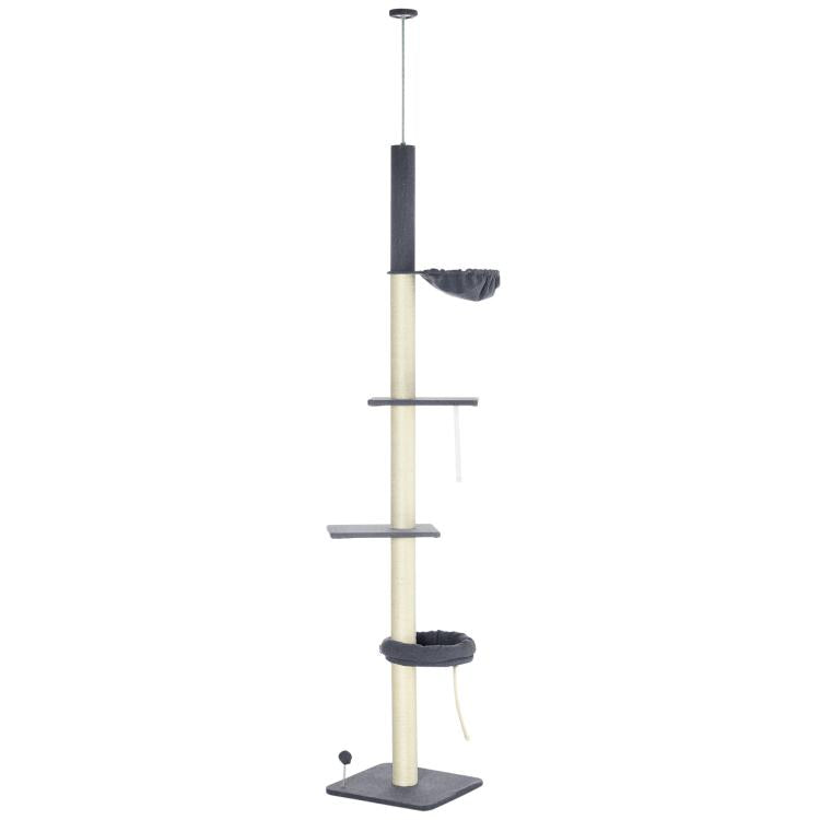 Adjustable cat tree with multiple carpet platforms, beige posts, and hanging toy