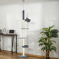 Floor-to-ceiling cat tree with carpeted steps, hammock, and raised cozy platform base