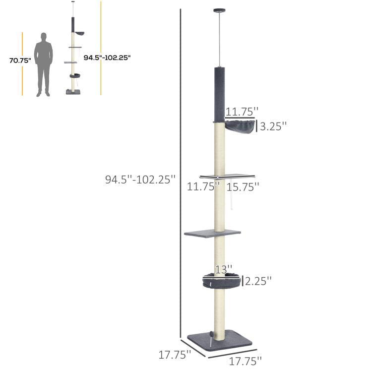 Cat climbing tower height diagram showing carpeted platforms and base dimensions