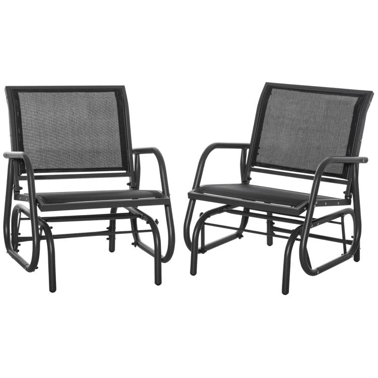Pair of outdoor rocking glider chairs, black frame with gray mesh backs and seats