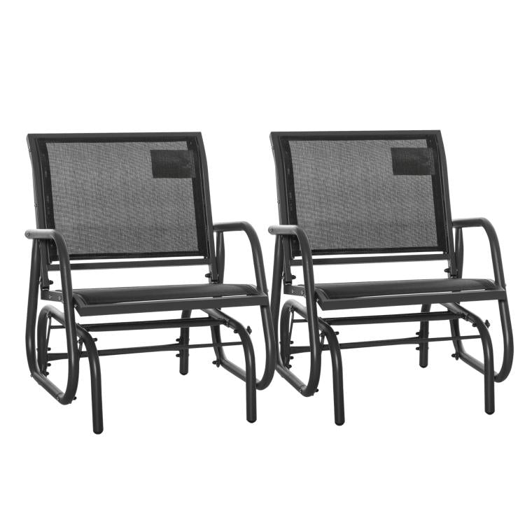 Set of two outdoor rocking chairs with black frames and gray breathable mesh seats