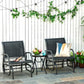 Two outdoor rocking glider chairs with gray mesh upholstery and black frames in patio set