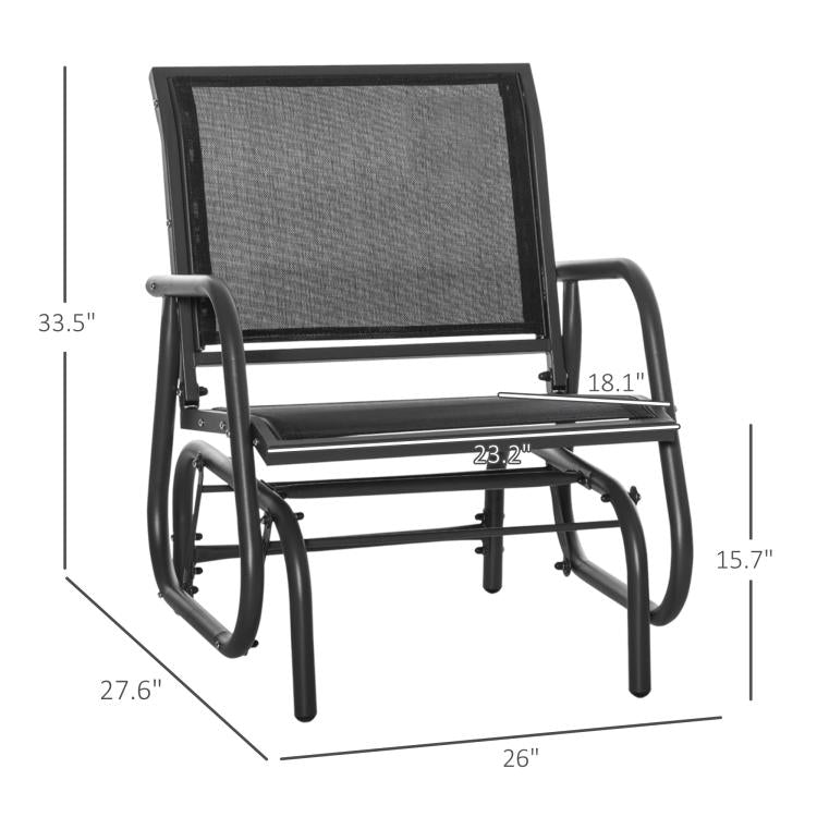 Black outdoor rocking glider chair with gray mesh seat and back, shown with measurements