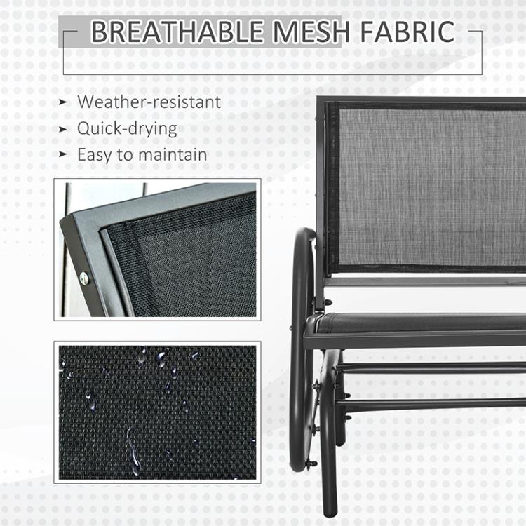 Black outdoor rocking glider chair with gray breathable mesh fabric on backrest