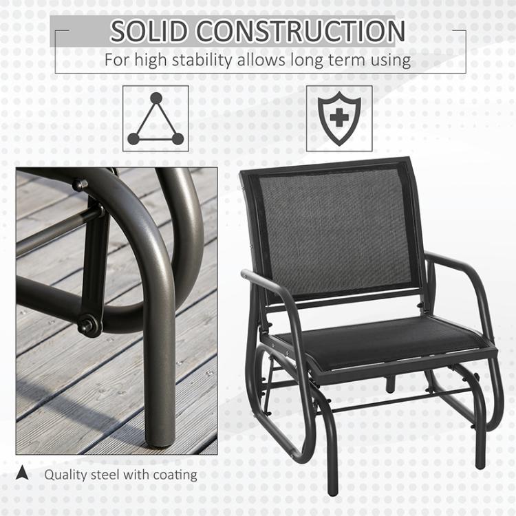Outdoor rocking glider chair with black metal frame and gray mesh seat, close-up view