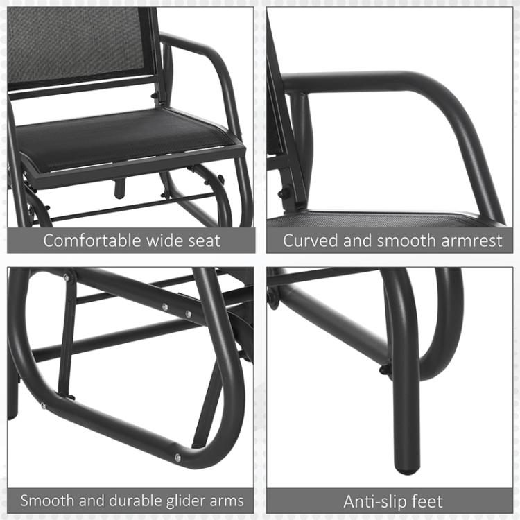 Outdoor rocking glider chair showing wide seat, curved smooth armrests, and anti-slip feet