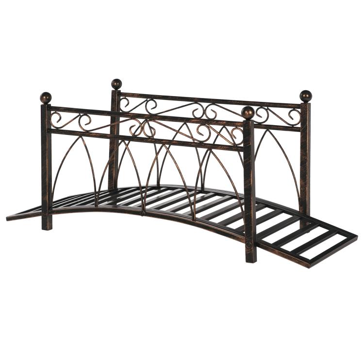 Bronze metal arch garden footbridge with decorative scrollwork and corner spheres