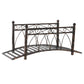 Bronze metal garden footbridge with arched cutout railing and slatted deck