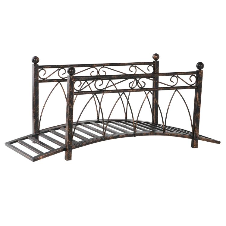Bronze metal garden footbridge with arched cutout railing and slatted deck