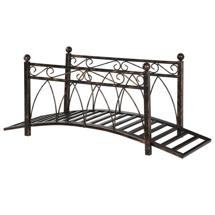 Bronze metal arch garden footbridge with decorative scroll railings and corner spheres