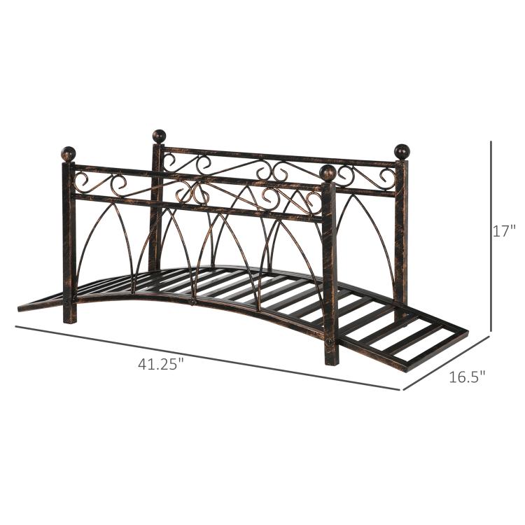Bronze metal arch footbridge with slatted deck, safety side rails, and corner spheres