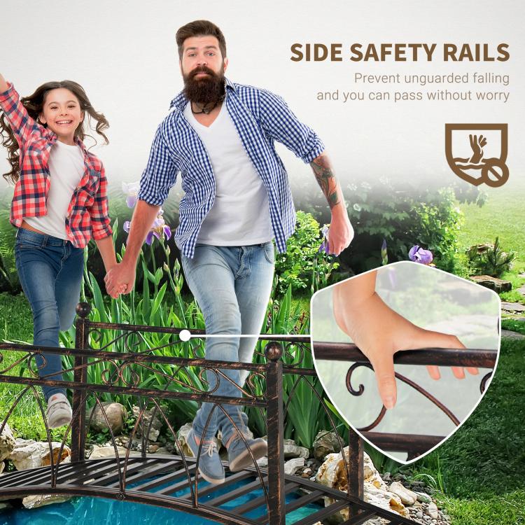 Bronze metal garden bridge with side safety rails for secure footing