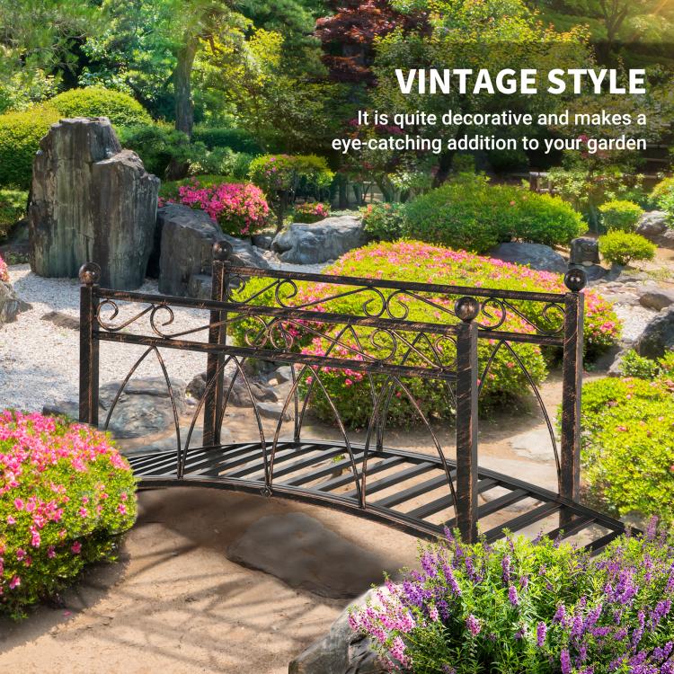 Bronze metal vintage-style garden footbridge with decorative arched railings