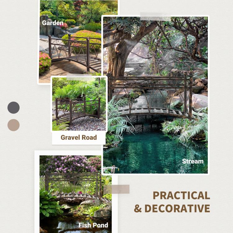 Bronze metal decorative footbridge with arched railing and corner sphere posts