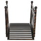 Bronze metal garden bridge side view with slatted deck and tall end posts