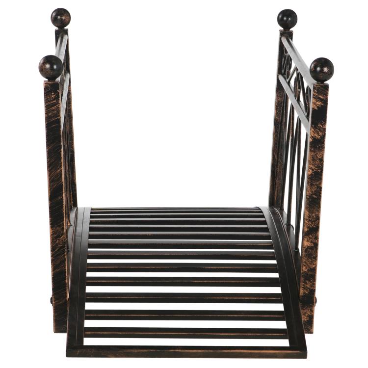 Bronze metal garden bridge side view with slatted deck and tall end posts