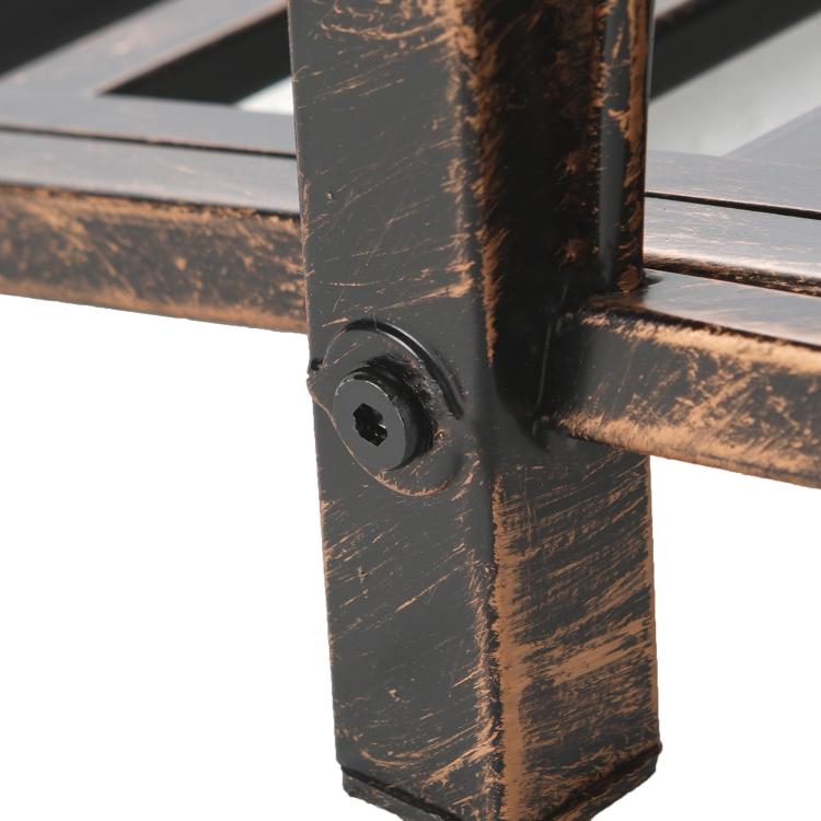 Bronze metal bridge end post detail with curled finial and support bar