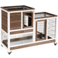 Wooden small-animal hutch on wheels with wire run, open front, and built-in ramp