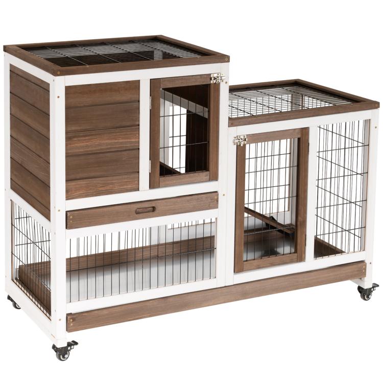 Wooden small-animal hutch on wheels with wire run, open front, and built-in ramp