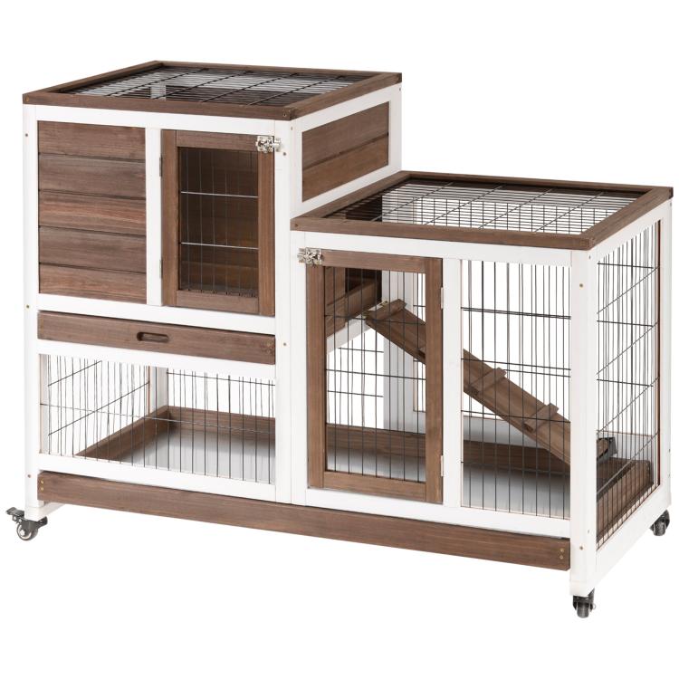 Brown wooden small animal hutch with enclosed run, wire doors, and caster wheels