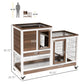 Wheeled wooden rabbit hutch with enclosed wire run, ramp, and side access doors