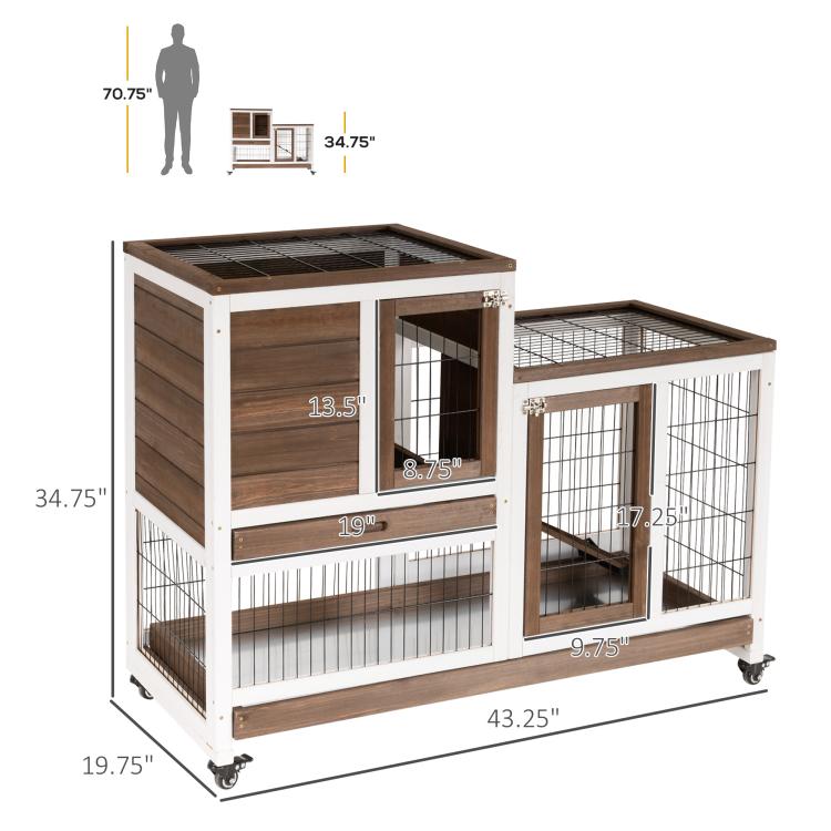 Wheeled wooden rabbit hutch with enclosed wire run, ramp, and side access doors