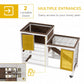Wooden rabbit cage with multiple lockable doors, wire sides, ramp, and wheeled base