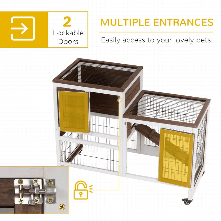 Wooden rabbit cage with multiple lockable doors, wire sides, ramp, and wheeled base