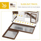 Wooden rabbit hutch with wire sides, ramp, and slide-out trays; wheeled base
