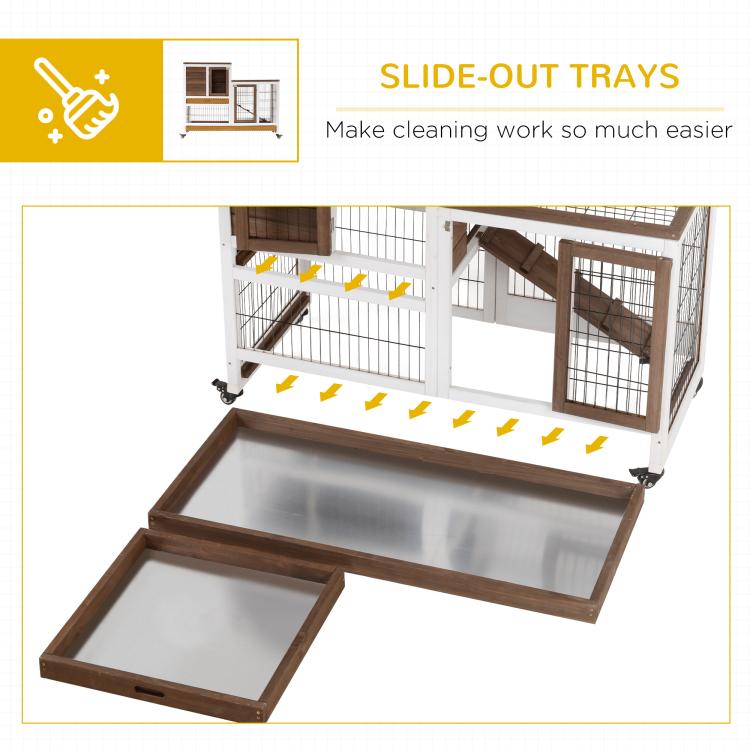 Wooden rabbit hutch with wire sides, ramp, and slide-out trays; wheeled base