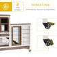 Mobile wooden rabbit hutch with wheeled base, wire enclosures, doors, and ramp