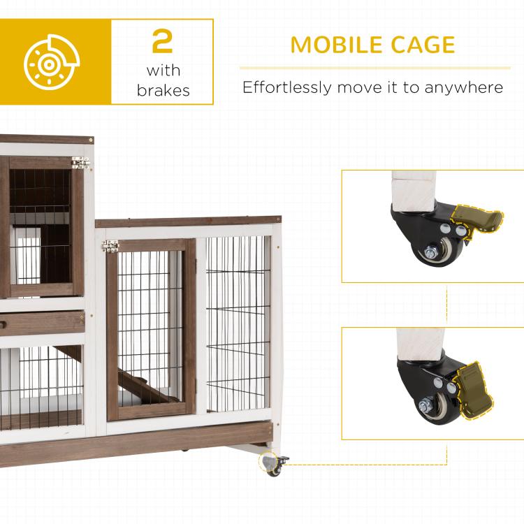 Mobile wooden rabbit hutch with wheeled base, wire enclosures, doors, and ramp