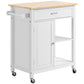 White kitchen island cart with wood top, drawer, side cabinet door, open shelving