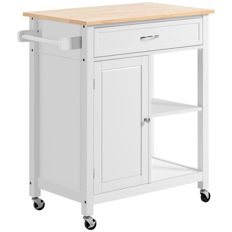 White kitchen island cart with wood top, drawer, side cabinet door, open shelving