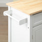 White rolling kitchen island cart with light wood top and drawer.