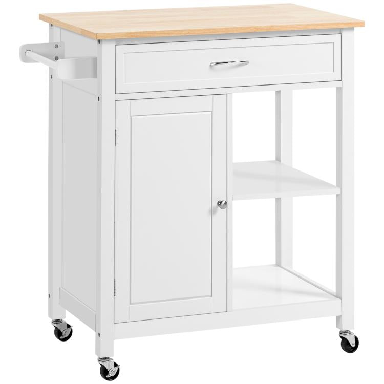 White rolling kitchen island cart with light wood top, drawer, cabinet door, open shelf.