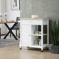 White rolling kitchen island cart with cabinet, open shelves, and drawer under wood top
