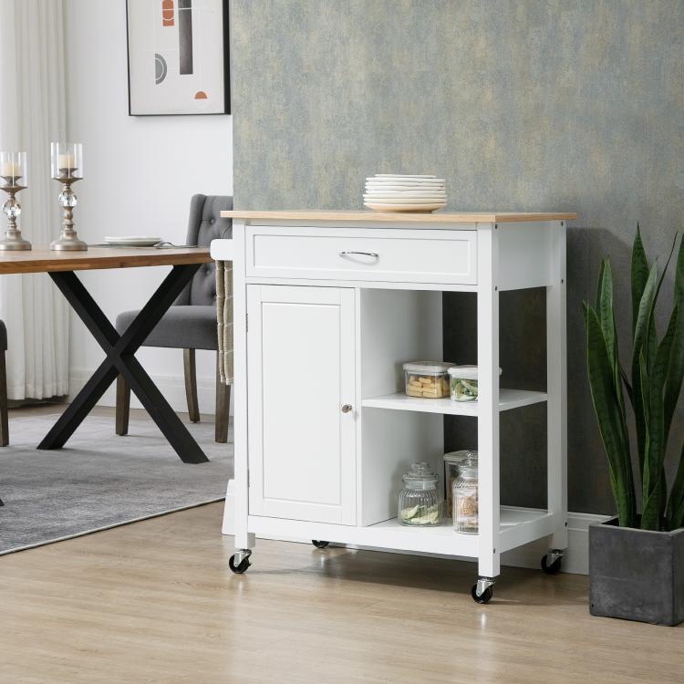 White rolling kitchen island cart with cabinet, open shelves, and drawer under wood top