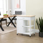 White rolling kitchen island cart with wood top, side door cabinet, and open shelf