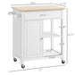 White kitchen island cart with solid wood top, drawer, cabinet door, open shelf, wheels