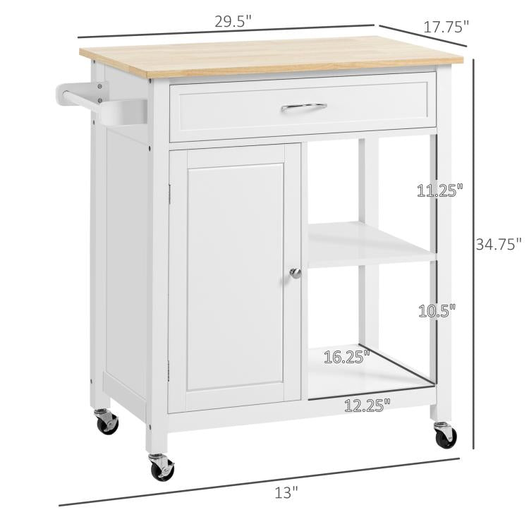 White kitchen island cart with solid wood top, drawer, cabinet door, open shelf, wheels