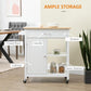 White rolling kitchen island cart with drawer and cabinet, open shelves, towel rack